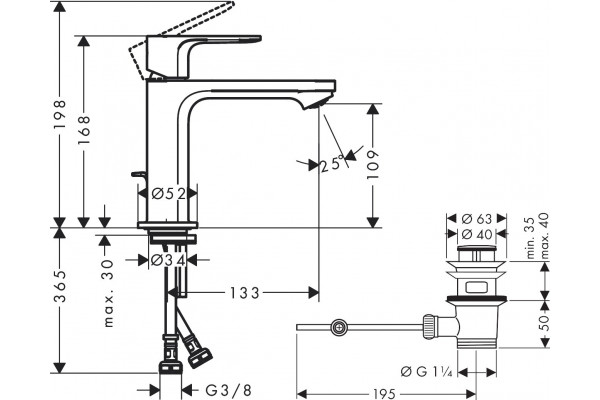Смеситель для раковины Hansgrohe Rebris S 72517000 с донным клапаном, хром, однорычажный, высота излива 10.9 см