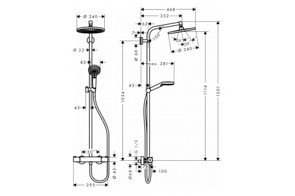 Душевая стойка Hansgrohe Crometta S 240 1jet Showerpipe EcoSmart 27268000 9 л хром, штанга 123.5 см