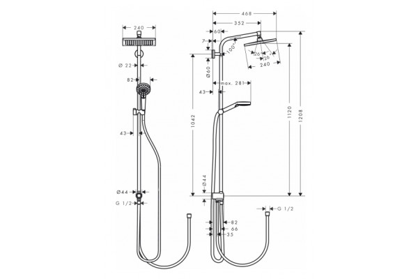 Душевая стойка Hansgrohe Crometta E 240 1jet Showerpipe Reno EcoSm 27289000 9 л хром, штанга 125.3 см