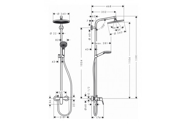 Душевая стойка Hansgrohe Crometta S 240 1jet Showerpipe EcoSmart 27269000 9 л хром, штанга 122.5 см