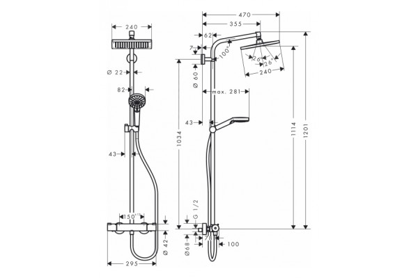 Душевая стойка Hansgrohe Crometta Е 240 1jet Showerpipe EcoSmart 27281000 9 л хром, штанга 123.5 см