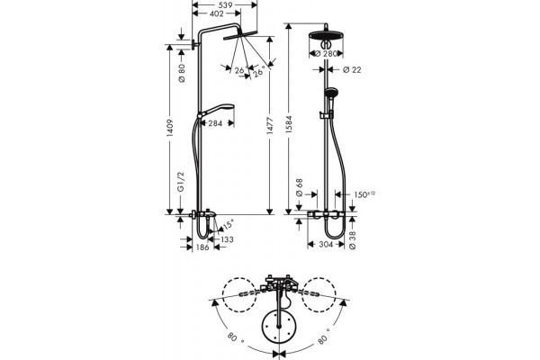 Душевая стойка Hansgrohe Croma Select 280 Air 1jet Showerpipe с термостатом, хром, штанга 158.4 см