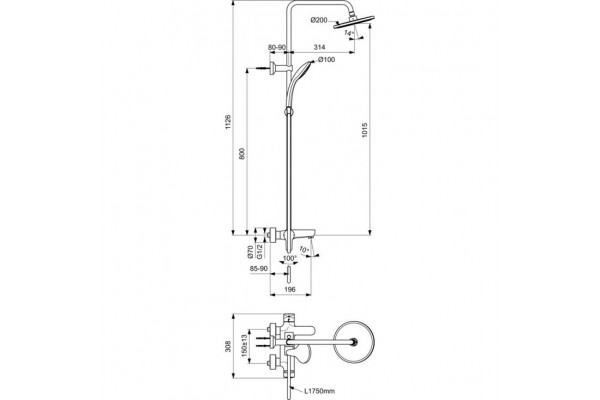 BC525XG IDEALRAIN Душевая система в комплекте с настенным смесителем для ванны/душа CERAFINE O матовый черный