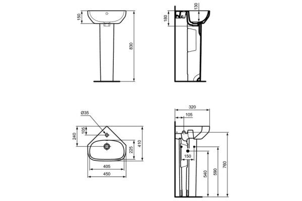 Угловой умывальник для рук Ideal Standard i.life A T471101, 45x41 см, с отверстием под смеситель, с отверстием перелива, без крепежа