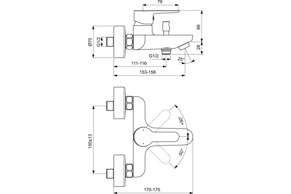 Смеситель Ideal Standard SESIA BC208AA для ванны с душем, однорычажный, хром