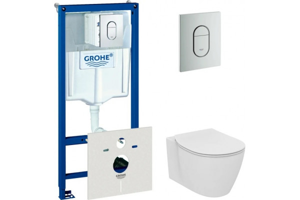 Комплект Система инсталляции для унитазов Grohe Rapid SL 38929000 4 в 1 с кнопкой смыва + Крышка-сиденье Ideal Standard Connect E772401 с микролифтом + Унитаз подвесной Ideal Standard Connect AquaBlade E047901, цвет белый, бачок 3/6 л