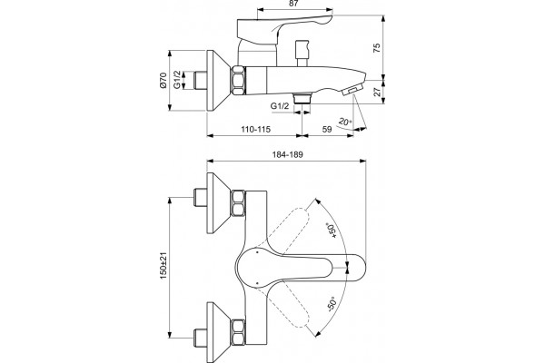 Смеситель Ideal Standard Dot 2.0 BC326AA для ванны с душем, однорычажный, хром