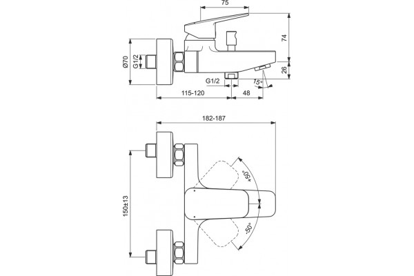 Смеситель Ideal Standard Ceraplan BD256AA для ванны с душем, однорычажный, хром