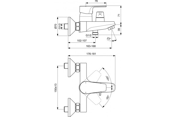 Смеситель Ideal Standard Cerafine D BC494AA для ванны с душем, однорычажный, хром