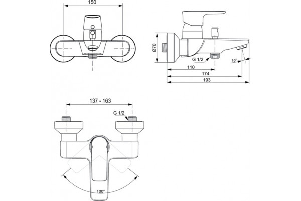 Смеситель Ideal Standard Connect Air A7033AA для ванны с душем, однорычажный, хром