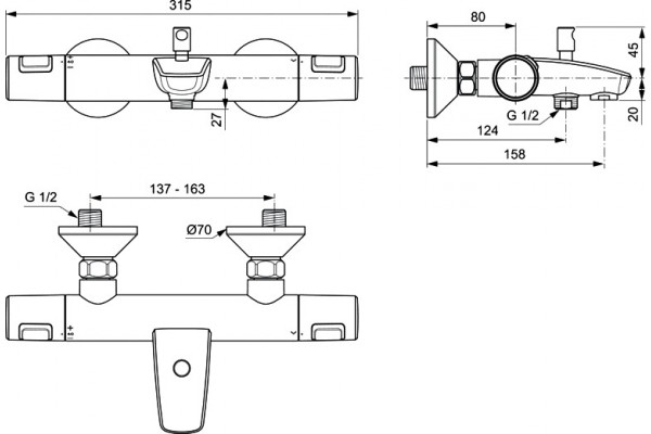 Термостат Ideal Standard Ceratherm T25 A7206AA для ванны с душем, термостат, хром