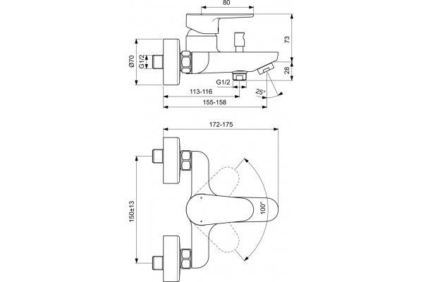Смеситель Ideal Standard Cerafine O BC500AA для ванны с душем, однорычажный, хром