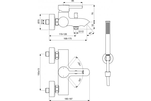 Смеситель Ideal Standard Ceraline BC270XG для ванны с душем, черный, однорычажный, длина излива 17.5 см