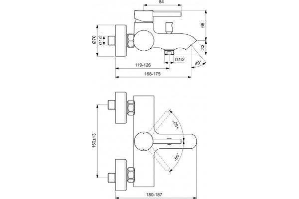 Смеситель Ideal Standard Ceraline BC199XG для ванны с душем, черный, однорычажный, длина излива 17.5 см