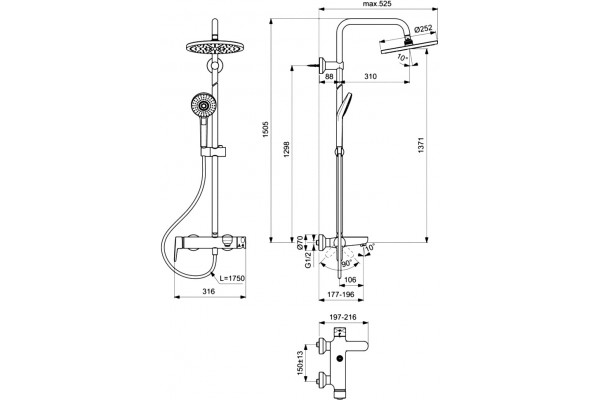 Душевая стойка Ideal Standard Idealrain Eco Evo B2267AA хром, штанга 150.5 см