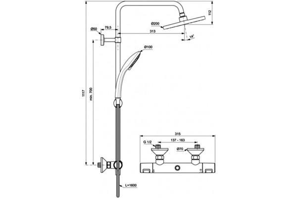 Душевая стойка Ideal Standard Ceratherm T25 A7208AA хром, штанга 114.7 см