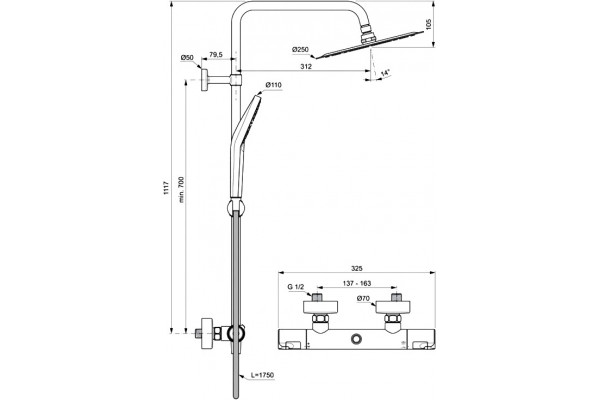 Душевая стойка Ideal Standard Ceratherm T50 A7565AA хром, штанга 115.2 см