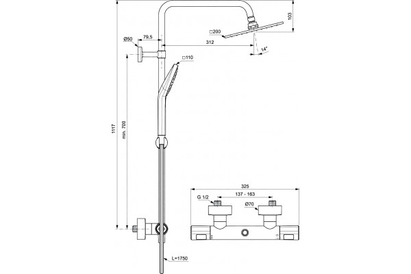 Душевая стойка Ideal Standard Ceratherm T100 A7240AA хром, штанга 115 см