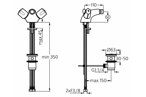 Смеситель Ideal Standard Euroflow New для биде двухвентильный, хром