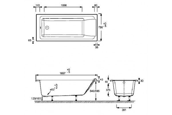 Акриловая ванна Jacob Delafon Sofa 170x75 прямоугольная, пристенная