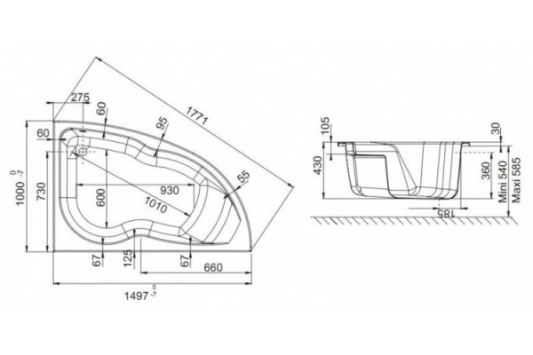 Акриловая ванна Jacob Delafon Micromega Duo 150x100 R пристенная, асимметричная