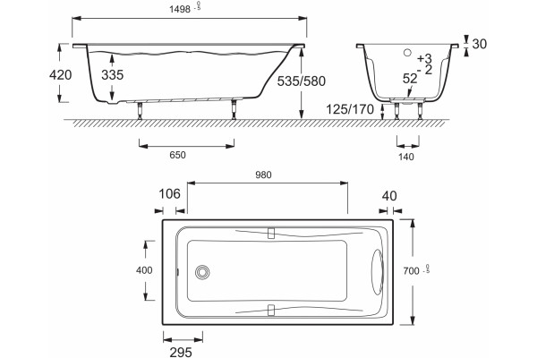 Акриловая ванна Jacob Delafon Odeon up 150x70 прямоугольная, объем 185 л.