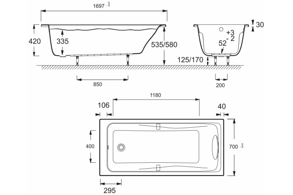 Акриловая ванна Jacob Delafon Odeon up 170x70 прямоугольная, объем 185 л.