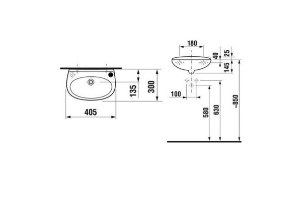 Раковина подвесная Jika Lyra 40x30 отверстие для смесителей слева цвет белый, полукруглая