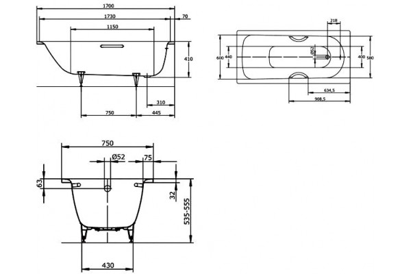 Стальная ванна KALDEWEI Saniform Plus Star 170x75 standard mod. 336 (с отверстиями под ручки) + easy-clean 133600013001
