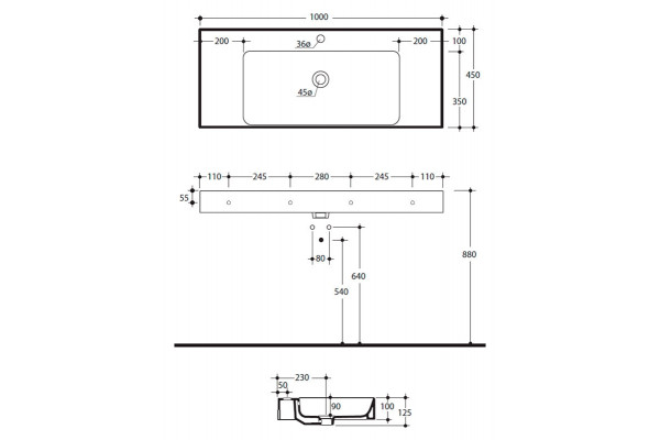 Раковина Kerasan Cento 355001 (100 см) цвет белый, прямоугольная, с переливом