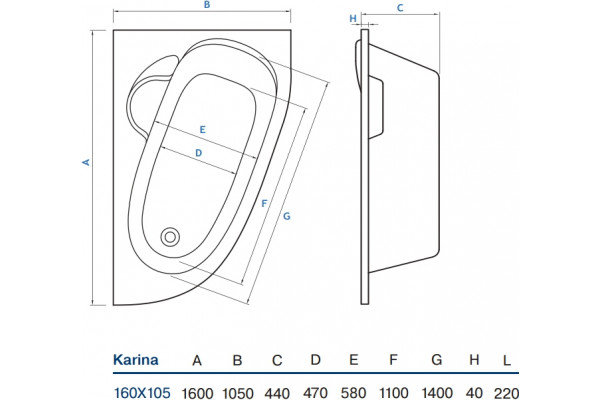 Акриловая ванна Koller Pool Karina 160x105 R пристенная, асимметричная