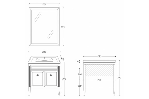 Мебель для ванной La Beaute Classic Vivien Porta 80 белый с патиной, фурнитура бронза, напольная, с дверками
