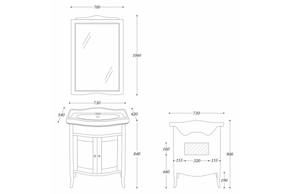 Мебель для ванной La Beaute Classic Lorette 70 темное дерево глянец, фурнитура бронза, напольная, с дверками