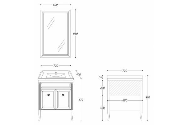 Мебель для ванной La Beaute Classic Vivien Porta 70 белый с патиной, фурнитура бронза, напольная, с дверками