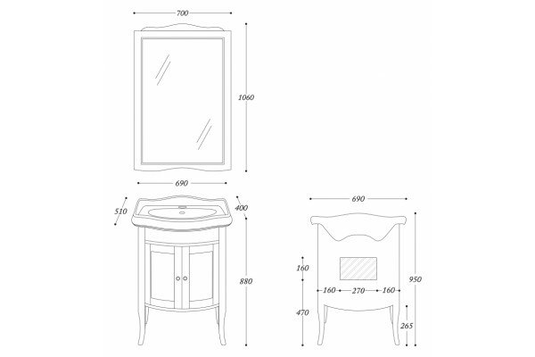 Мебель для ванной La Beaute Classic Lorette 65 темное дерево глянец, фурнитура серебро, напольная, с дверками