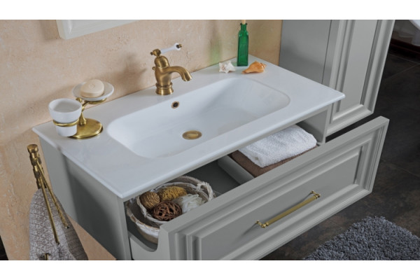 Тумба для комплекта La Beaute Classic Cornelia 100 серый шелк матовый, фурнитура бронза, подвесная, с ящиками