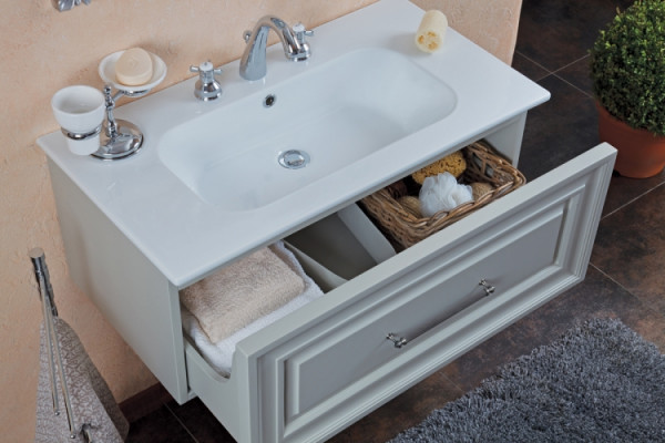 Тумба для комплекта La Beaute Classic Cornelia 85 серый шелк матовый, фурнитура серебро, подвесная, с ящиками