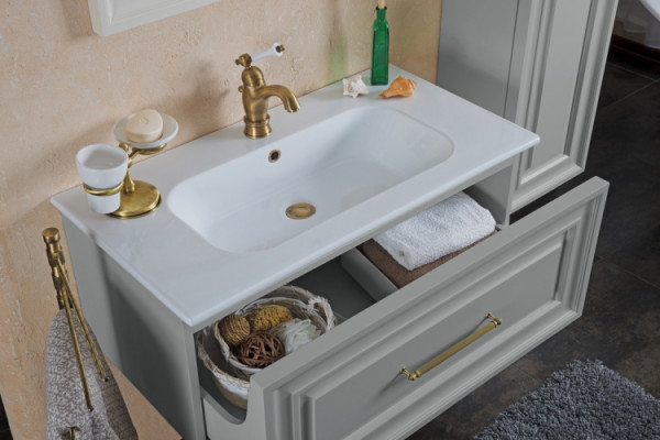 Тумба с раковиной La Beaute Classic Cornelia 85 серый шелк матовый, фурнитура бронза, подвесная, с ящиками