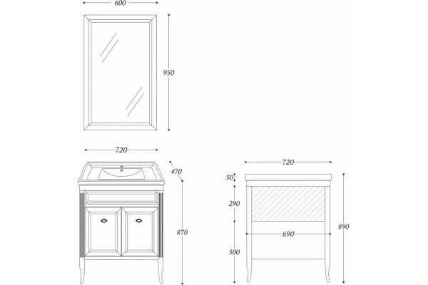 Мебель для ванной La Beaute Classic Vivien Porta 70 белый с патиной, фурнитура серебро, напольная, с дверками