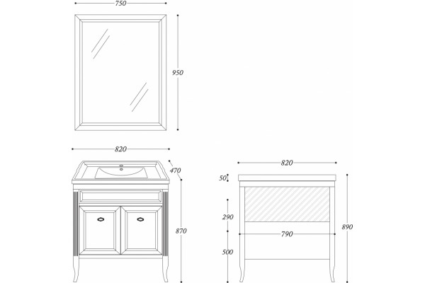 Мебель для ванной La Beaute Classic Vivien Porta 80 слоновая кость с патиной, фурнитура серебро, напольная, с дверками