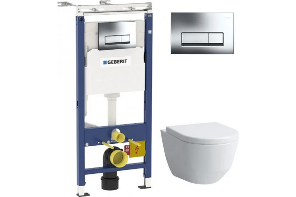 Комплект Система инсталляции для унитазов Geberit Duofix Платтенбау 458.125.21.1 4 в 1 с кнопкой смыва + Крышка-сиденье Laufen Pro 8.9695.1.300.000.1 с микролифтом, петли хром + Унитаз подвесной Laufen Pro Rimless 8.2096.6.000.000.1 без ободка, цвет белый