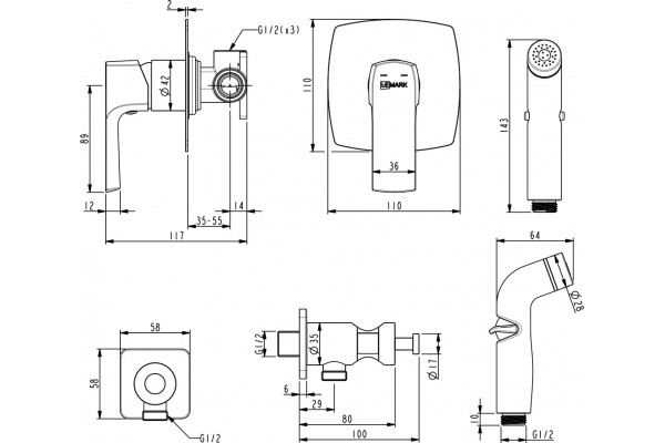 Гигиенический душ Lemark Ursus LM7219BL со смесителем, С ВНУТРЕННЕЙ ЧАСТЬЮ, цвет черный