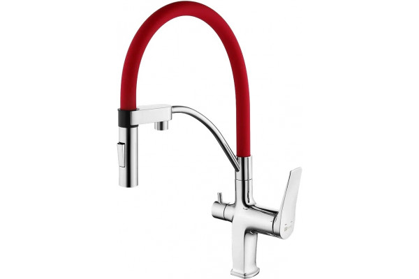 Смеситель Lemark Comfort LM3074C-Red для кухонной мойки, хром/красный, однорычажный, высота излива 20.6 см