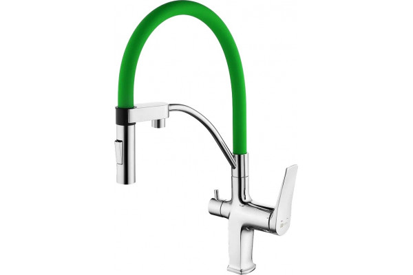 Смеситель Lemark Comfort LM3074C-Green для кухонной мойки, хром/зеленый, однорычажный, высота излива 20.6 см