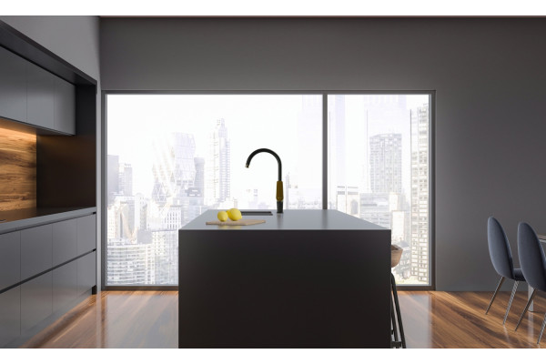 Смеситель Lemark Bronx LM3705BLR для кухонной мойки, черный/золото, однорычажный, высота излива 28 см