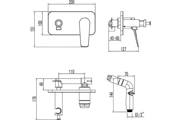 Гигиенический душ Lemark Bronx LM3720GM со смесителем, С ВНУТРЕННЕЙ ЧАСТЬЮ, графит, цвет сталь, 1 режим