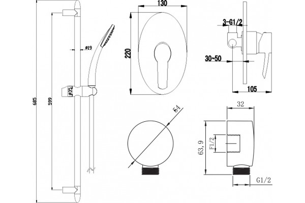 Душевой комплект Lemark Atlantiss LM3223C + LM8067C + LM8086C хром,  в современном стиле