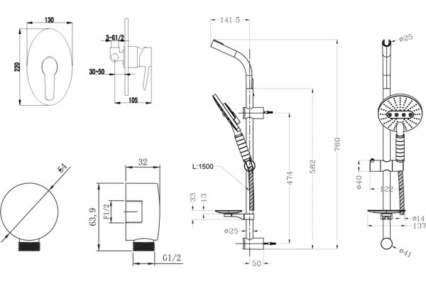 Душевой комплект Lemark Atlantiss LM3223C + LM8072C + LM8086C хром,  в современном стиле