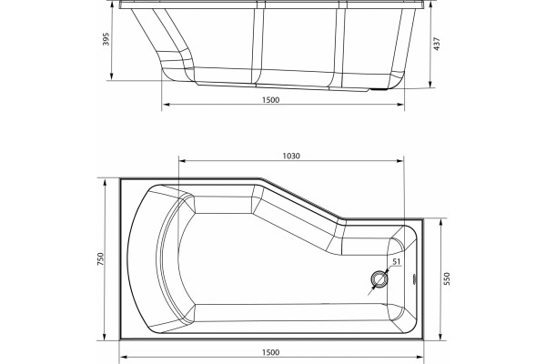 Акриловая ванна Marka One Convey R 150x75 пристенная, асимметричная