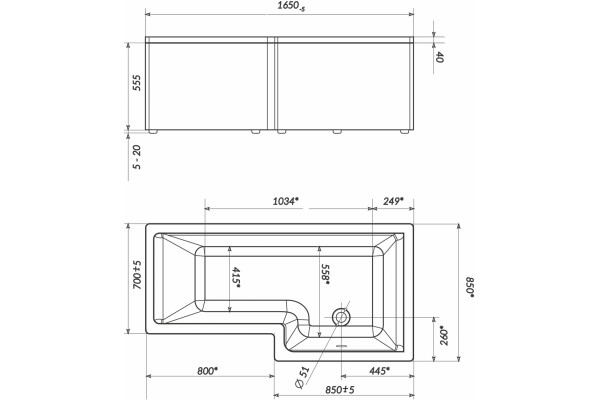 Акриловая ванна Marka One Linea 165x85 см R пристенная, асимметричная